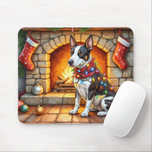 Tapis De Souris Bull Terrier Cheminée avec Lumières de Noël