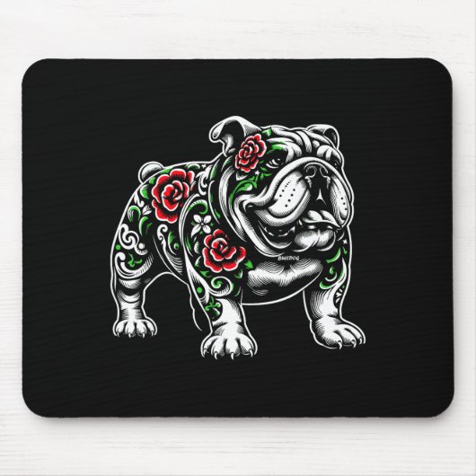 Tapis De Souris Bulldog Floral Red Rose Mens Womens  (Devant)