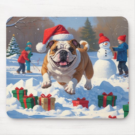 Tapis De Souris Bulldog Noël Festival scène de neige (Devant)