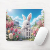 Tapis De Souris Bunny blanc dans un jardin de printemps (Avec souris)