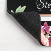 Tapis De Souris Burgundy Floral Black Stripes Nom du monogramme (Coin)