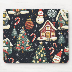 Tapis De Souris Cabanes d'hiver sombres Bonhomme de neige rouge Bo