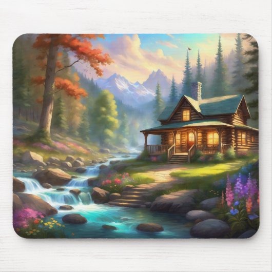 Tapis De Souris Cabine dans le Woods Mountain Stream (Devant)