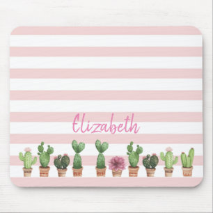 Tapis De Souris Cactus Aquarelle Adorable, Rayures Roses