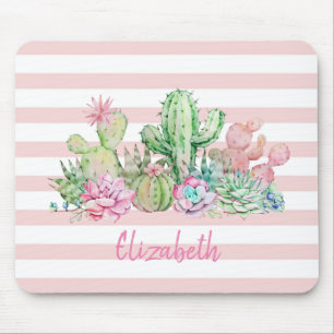 Tapis De Souris Cactus aquarelle adorable, rayures roses succulent