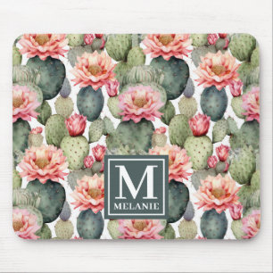 Tapis De Souris Cactus Motif Fleurs roses Monogramme