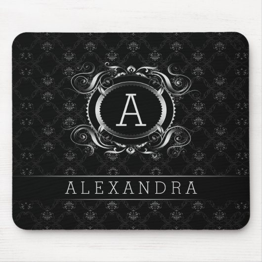 Tapis De Souris Cadre baroque noir et gris argenté monogramme (Devant)