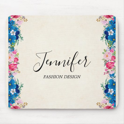 Tapis De Souris Cadre rose et bleu Fleur Fleur Faisant (Devant)