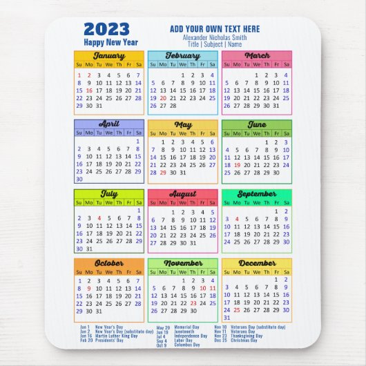 Tapis De Souris Calendrier 2023 avec jours fériés Moderne Bleu (Devant)
