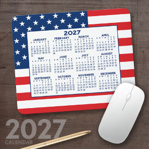 Tapis De Souris Calendrier 2024 avec drapeau américain - Rouge Bla