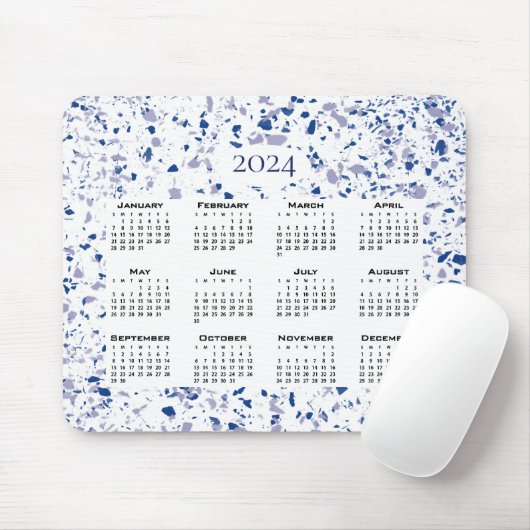 Tapis De Souris Calendrier 2024 Blue White Grey Terrazzo Moderne (Avec souris)