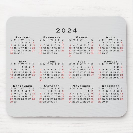 Tapis De Souris Calendrier 2024 Simple gris noir rouge (Devant)