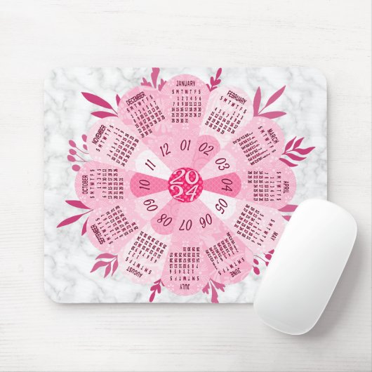 Tapis De Souris Calendrier 2024 Unique Boho rond Plutôt Rose Fleur (Avec souris)