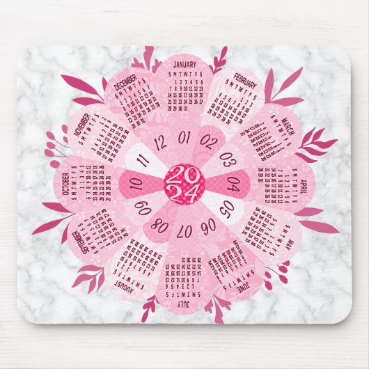 Tapis De Souris Calendrier 2024 Unique Boho rond Plutôt Rose Fleur (Devant)
