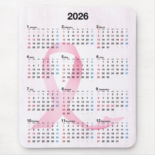Tapis De Souris Calendrier 2025 Année Ruban rose (Devant)