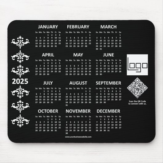 Tapis De Souris Calendrier 2025 Business Logo QR Code noir Baroque (Devant)