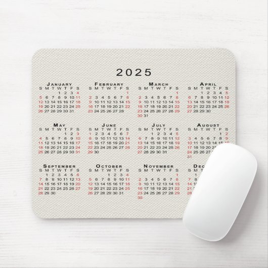 Tapis De Souris Calendrier 2025 Faux Canvas Beige Texture (Avec souris)