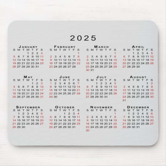 Tapis De Souris Calendrier 2025 Simple gris noir rouge (Devant)