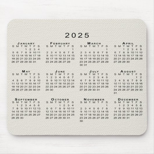 Tapis De Souris Calendrier 2025 sur la toile de Faux beige (Devant)