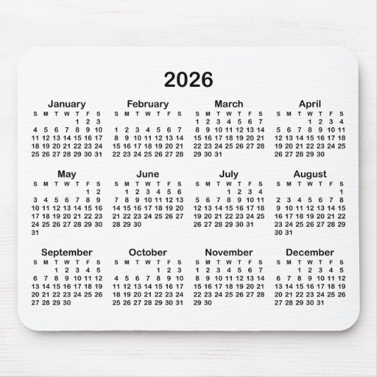 Tapis De Souris Calendrier 2026 Blanc et Noir (Devant)