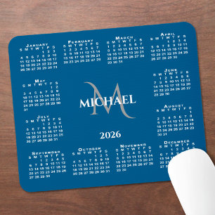 Tapis De Souris Calendrier 2026 Chic Monogramme Nom sur Bleu