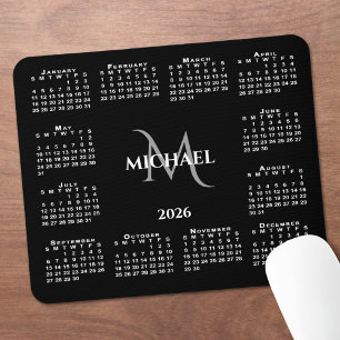 Tapis De Souris Calendrier 2026 Chic Monogramme Nom sur fond noir