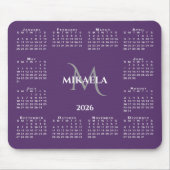 Tapis De Souris Calendrier 2026 Chic Monogramme Nom sur Violet (Devant)