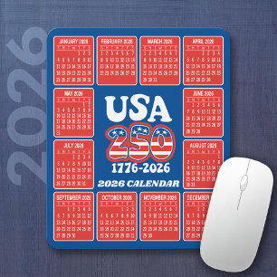 Tapis De Souris Calendrier 2026 - États-Unis 250 Rouge Blanc Bleu
