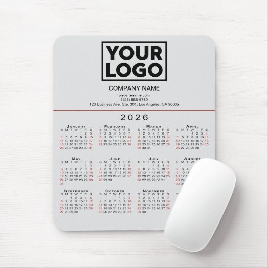 Tapis De Souris Calendrier 2026 Logo et texte d'entreprise en gris (Avec souris)
