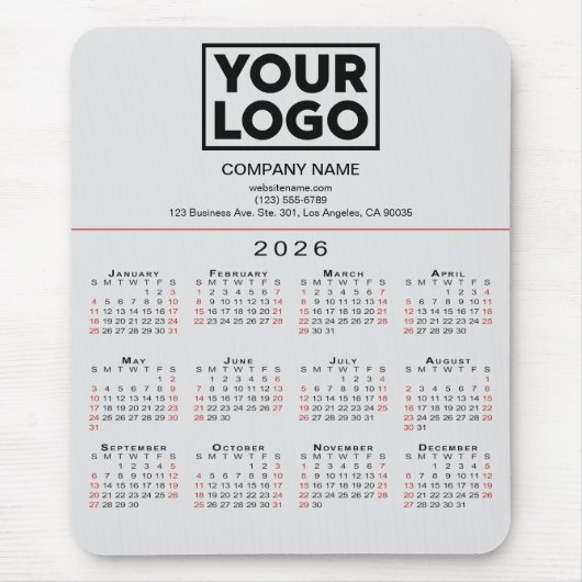 Tapis De Souris Calendrier 2026 Logo et texte d'entreprise en gris (Devant)