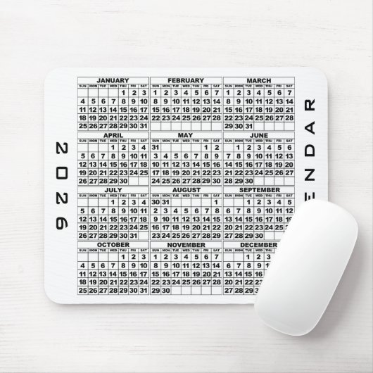 Tapis De Souris Calendrier 2026 Mousepad Blanc (Avec souris)