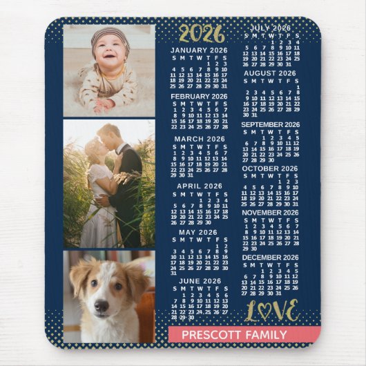 Tapis De Souris Calendrier 2026 Navy Coral Or Collage de photos de (Devant)