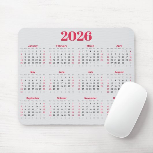 Tapis De Souris Calendrier 2026 rouge et gris clair simple (Avec souris)