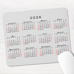 Tapis De Souris Calendrier 2026 Simple Gris Noir Rouge