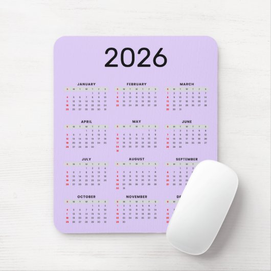 Tapis De Souris Calendrier 2026 simple noir et violet (Avec souris)