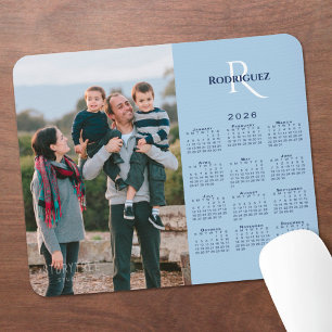 Tapis De Souris Calendrier 2026 Votre photo monogramme nom bleu cl