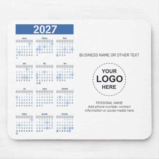 Tapis De Souris Calendrier 2027 avec logo, Coordonnées (Devant)