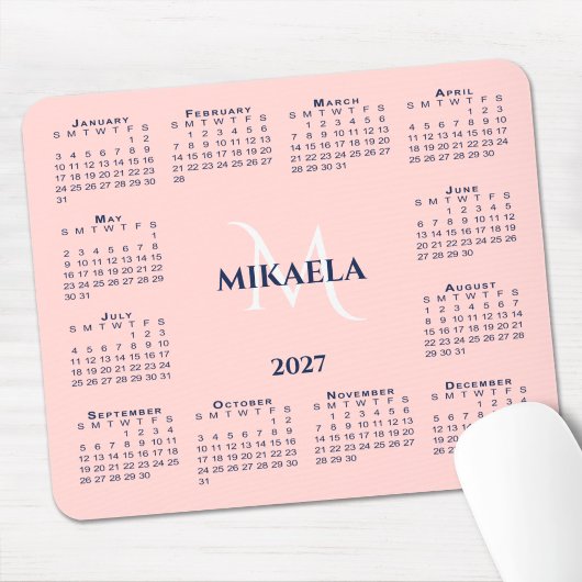 Tapis De Souris Calendrier 2027 Chic Monogramme Nom Rose Corail