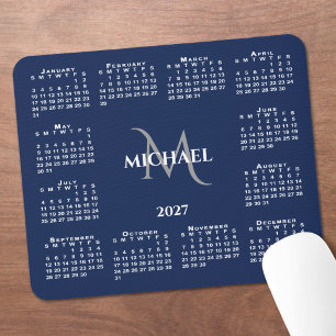Tapis De Souris Calendrier 2027 Chic Monogramme Nom sur Bleu Nuit