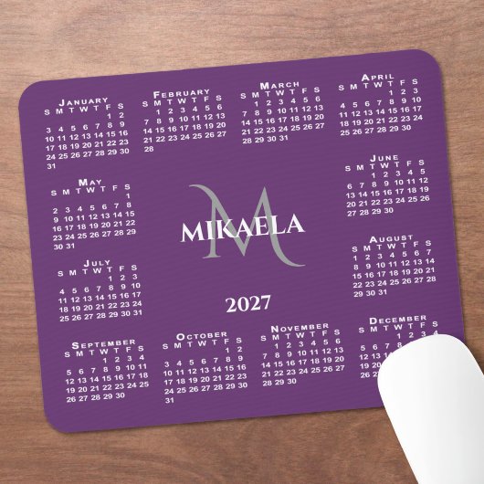 Tapis De Souris Calendrier 2027 Chic Monogramme Nom sur Violet
