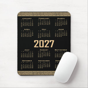 Tapis De Souris Calendrier 2027, Frette Grecque, Beige sur Noir