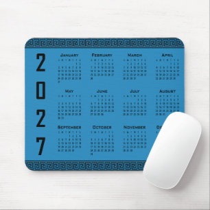 Tapis De Souris Calendrier 2027, Frise Grecque, Noir sur Bleu Cosm