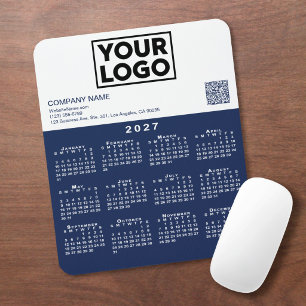 Tapis De Souris Calendrier 2027 Logo Entreprise Code QR Bleu Marin