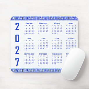 Tapis De Souris Calendrier 2027, Méandre Grec, Bleu Grec sur Fond