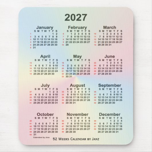 Tapis De Souris Calendrier 2027 Rainbow Cloud 52 semaines par Janz (Devant)