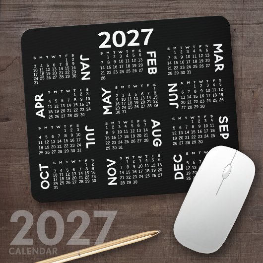 Tapis De Souris Calendrier 2027 - simple noir et blanc moderne