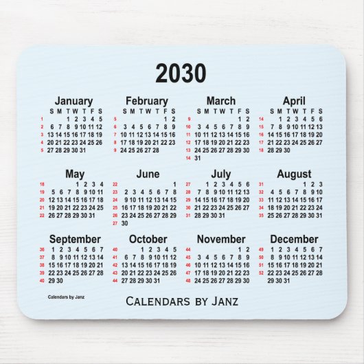 Tapis De Souris Calendrier Alice Blue 52 semaines 2030 par Janz (Devant)