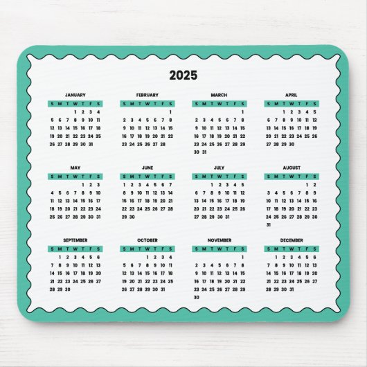 Tapis De Souris Calendrier annuel complet 2025 Wavy Emerald Green (Devant)