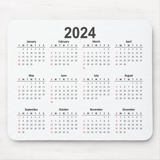 Tapis De Souris Calendrier Arrière - plan blanc simple 2024 (Devant)