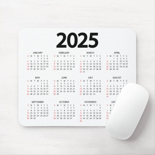 Tapis De Souris Calendrier Arrière - plan blanc Super Simple 2025 (Avec souris)